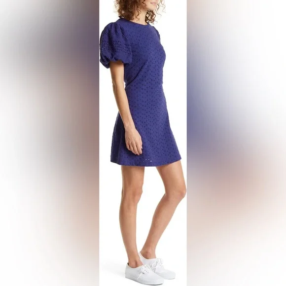 NWT Free People Apricot Rose Puff Sleeve Eyelet Dress in Living Indigo - Picture 12 of 14